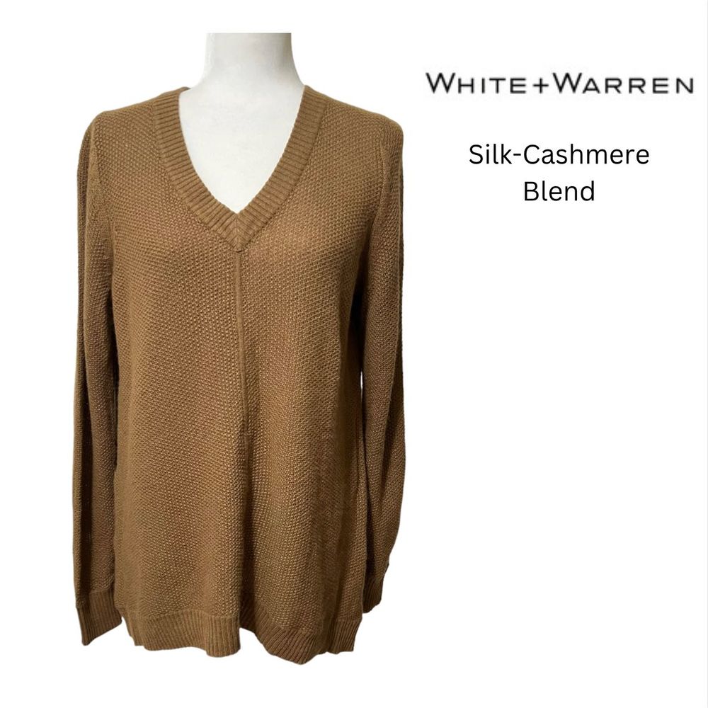 WHITE + WARREN Large Silk Cashmere Blend Camel Brown Sweater